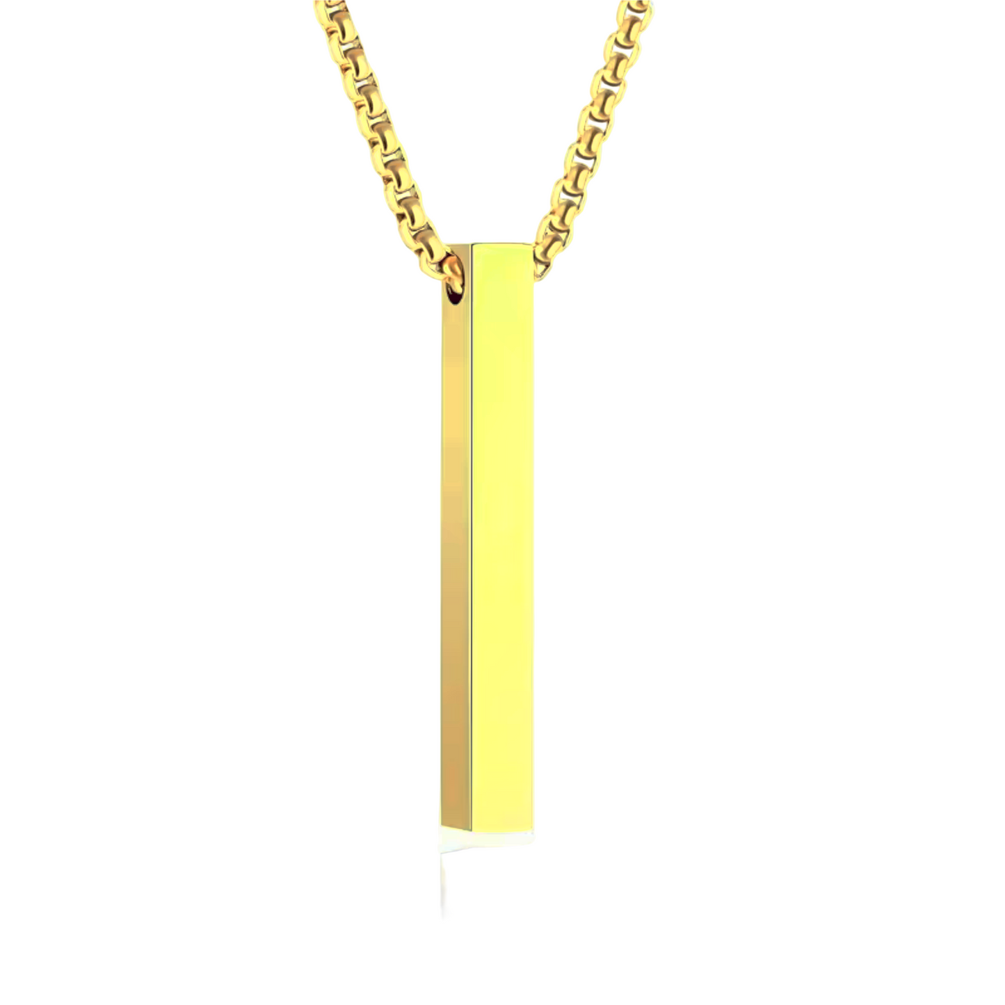 Gold necklace with a rectangular pendant on a white background