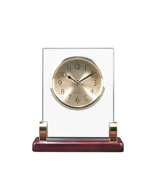 Rectangle Glass Clock with Posts & Rosewood Piano Finish