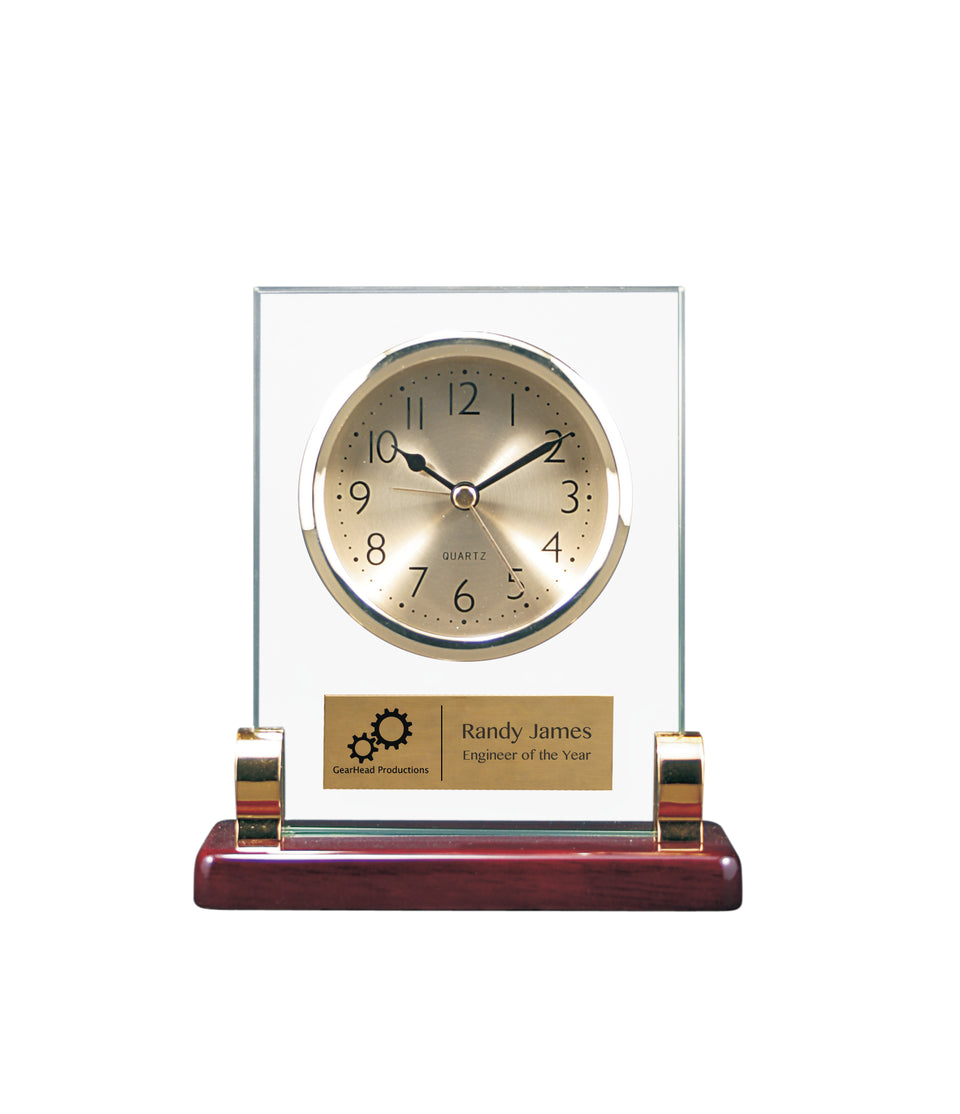 Rectangle Glass Clock with Posts & Rosewood Piano Finish