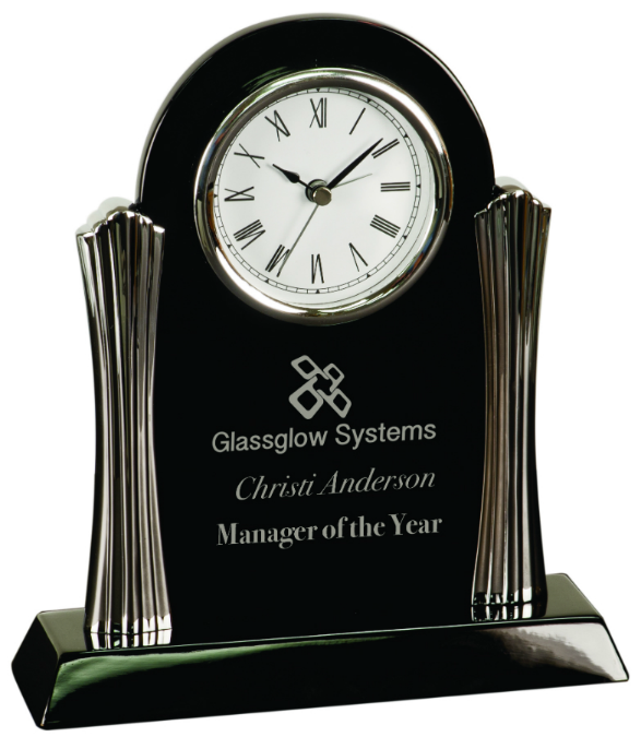 Black Piano Finish Desk Clock with Silver Columns