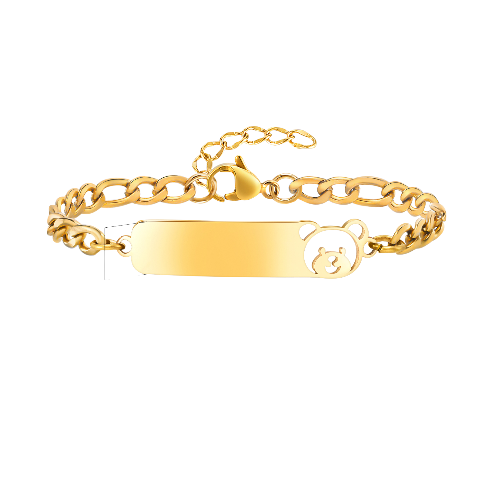 Gold chain bracelet with a bear design on a white background