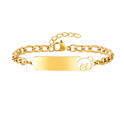Gold chain bracelet with a bear design on a white background