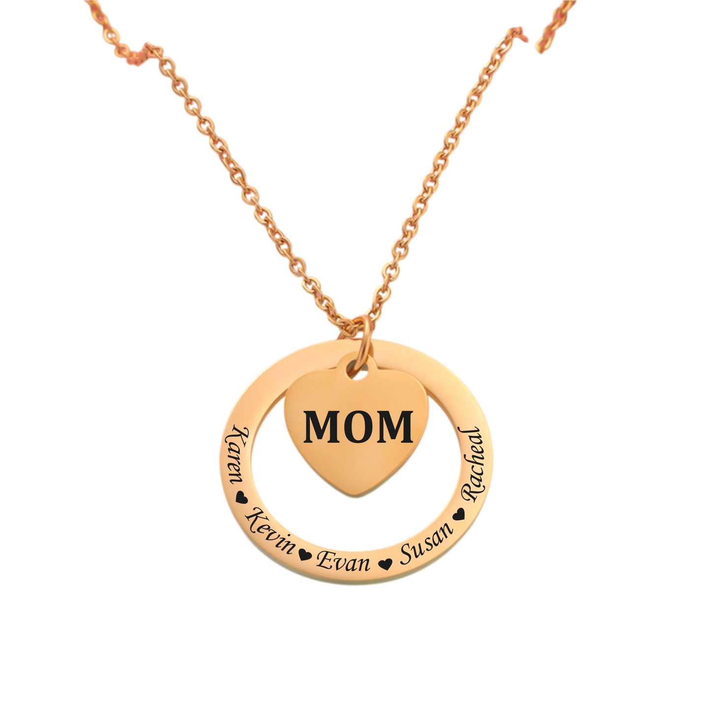 Gold necklace with a heart-shaped pendant displaying 'MOM' on a white background