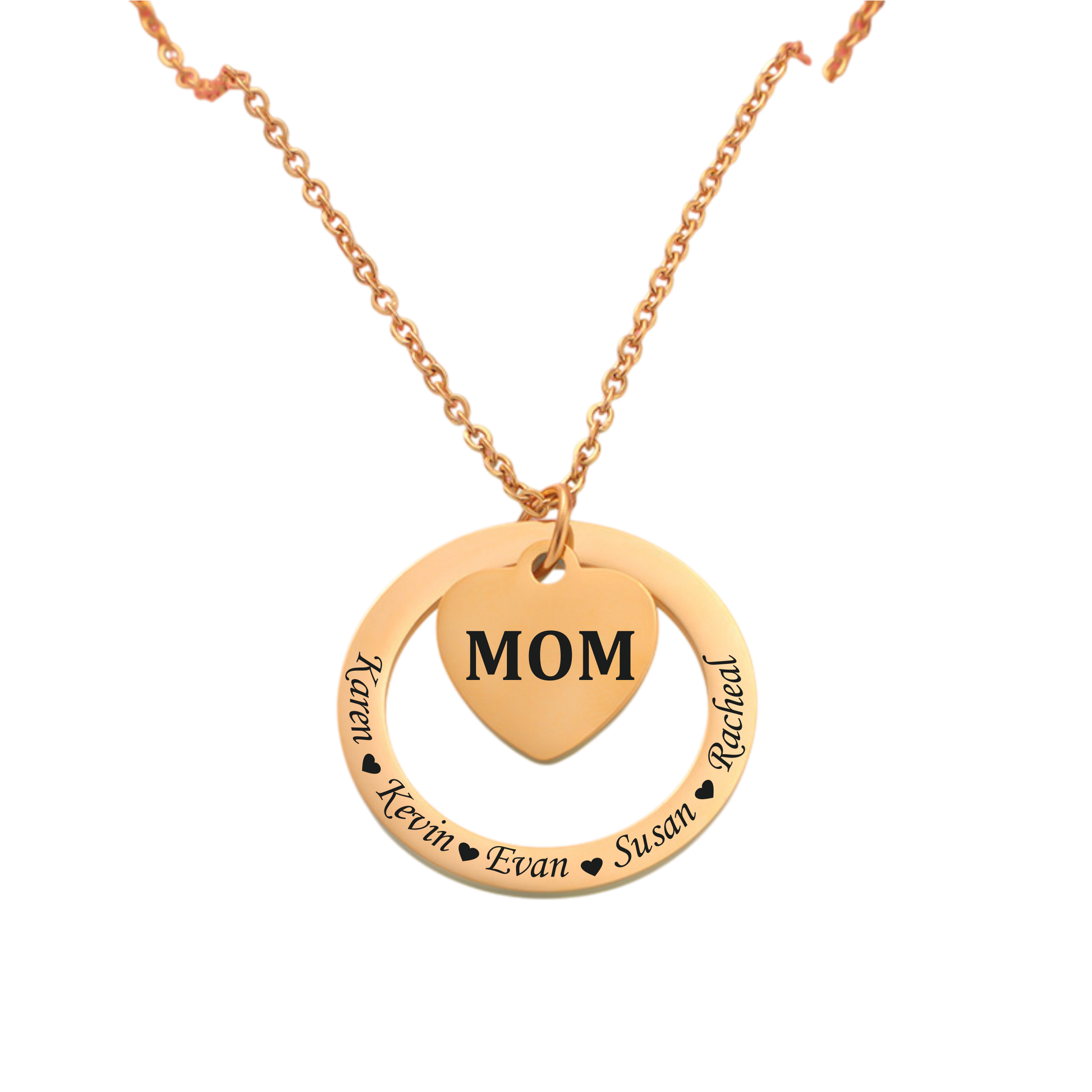 Gold necklace with a heart-shaped pendant displaying 'MOM' on a white background