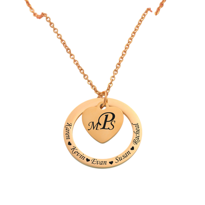Gold necklace with a heart-shaped pendant featuring the letter 'A' and engraved text on a white background.