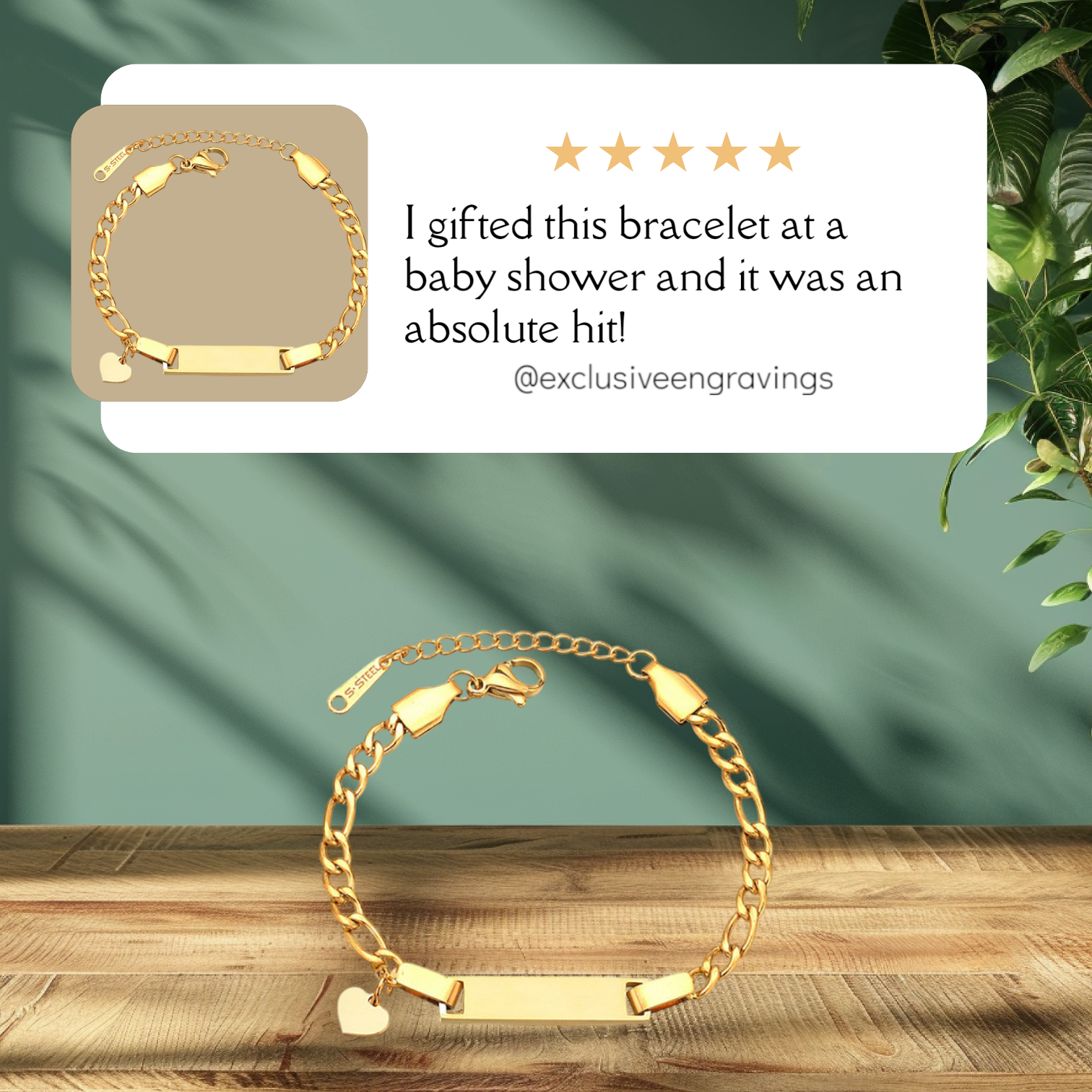Gold customizable bracelet on a wooden surface with a green leafy background