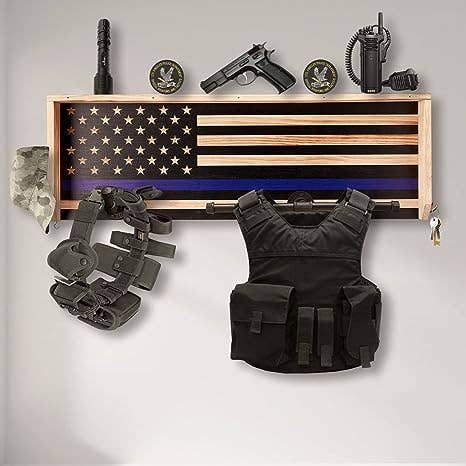 Police Wall Mounted Tactical Gear Rack W/Blue American Flag