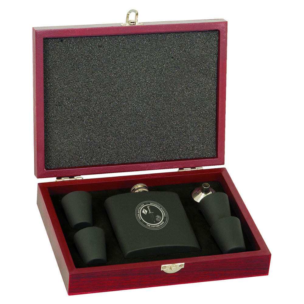 Matte Black Flask Set In A Rosewood Presentation Box (6 oz)