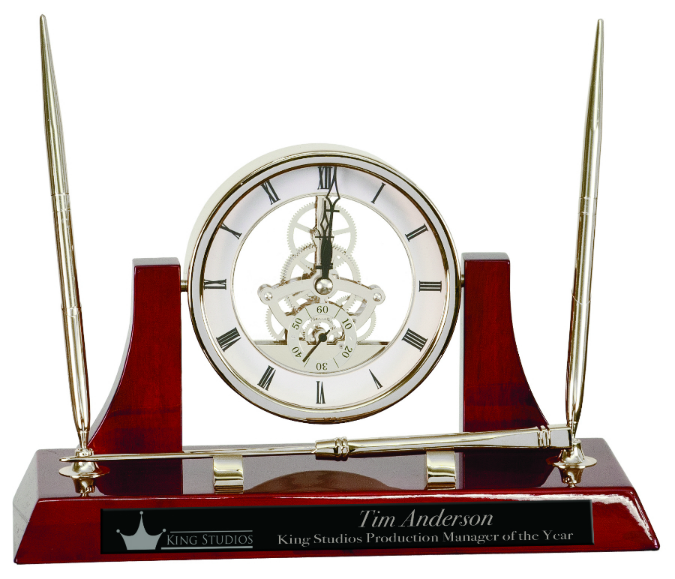 Executive Silver/Rosewood Piano Finish Clock Desk Set With 2 Pens & Letter Opener