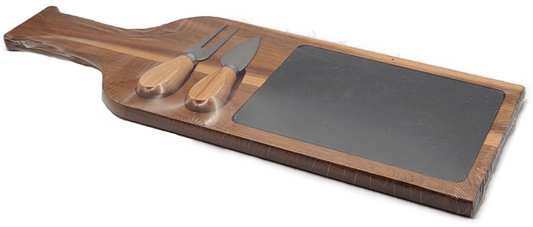 17 1/2" x 6" Acacia Wood/Slate Cheese Serving Board with Two Tools