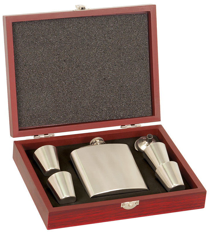 Stainless Steel Flask Set In A Rosewood Presentation Box (6 oz)