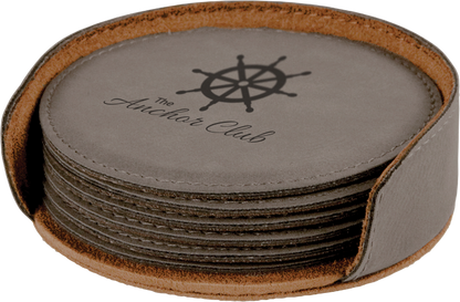 Round Leatherette 6-Coaster Set Grey