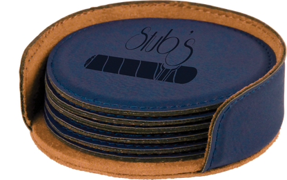 Round Leatherette 6-Coaster Set Blue