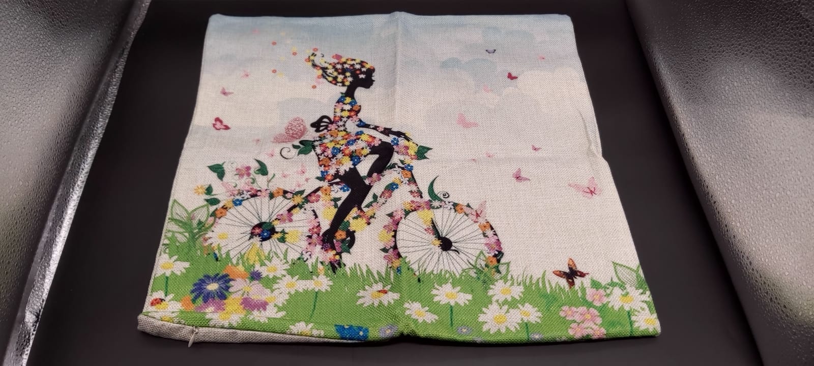 Lady Butterfly and Flowers on a bicycle Canvas Pillow Case Exclusive Engravings LLC.