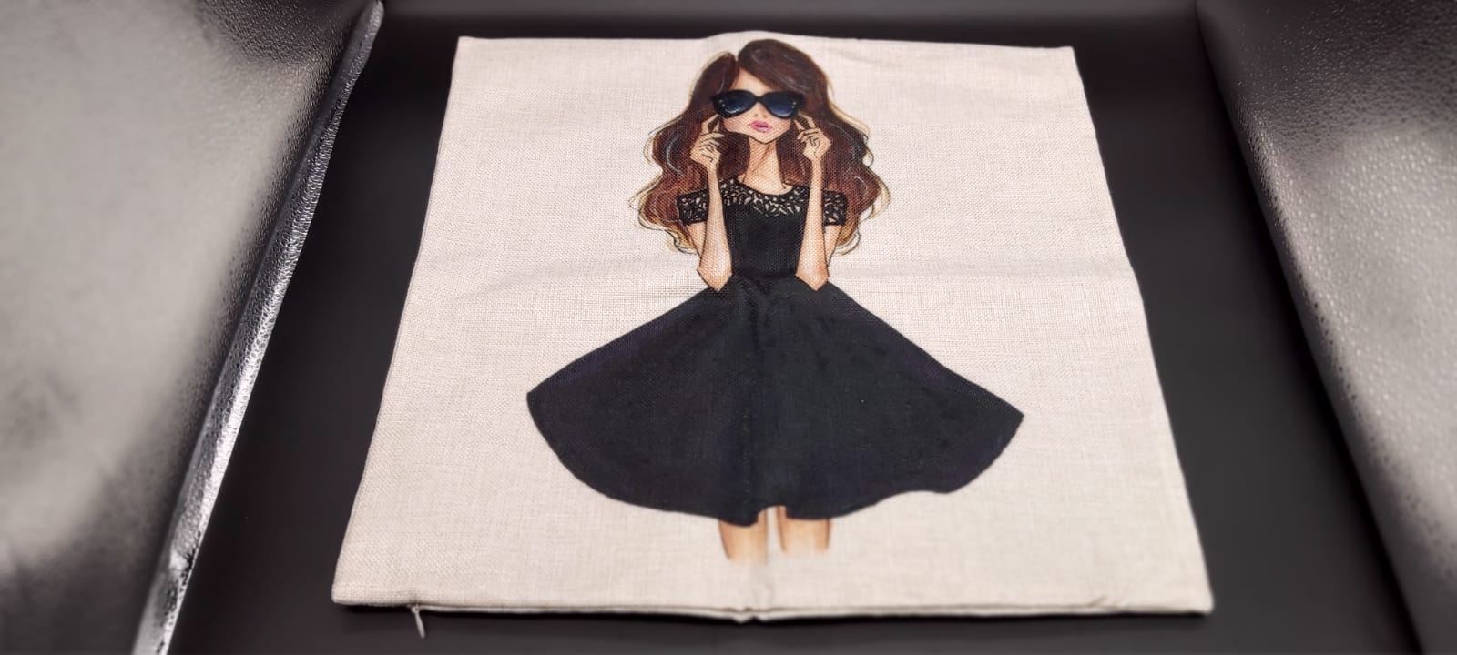 Stylish Lady with Shades in a Black Dress Pillow Case Exclusive Engravings LLC.