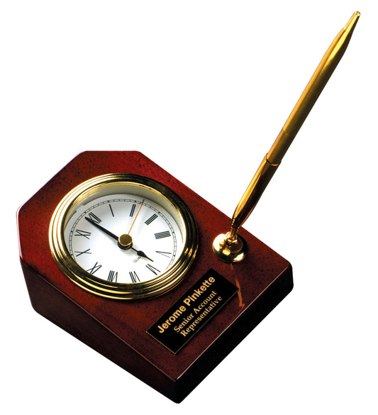 Rosewood Piano Finish Desk Clock with Pen