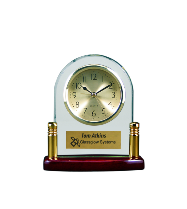 Arch Glass Clock with Posts & Rosewood Finish Base