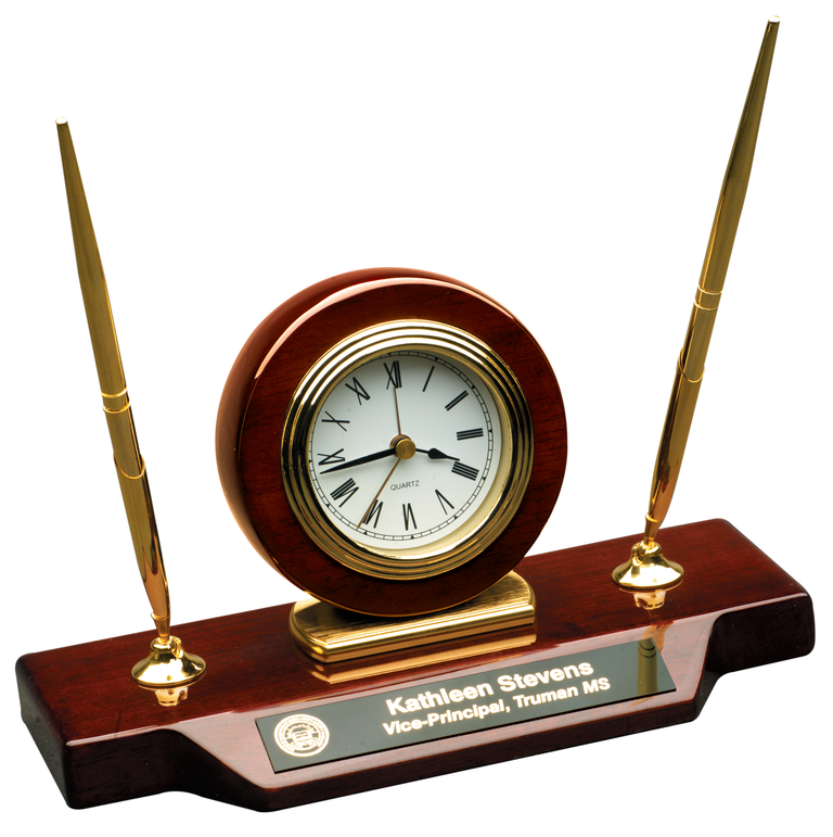 Roswewood Piano Finish Desk Clock with 2 Pens